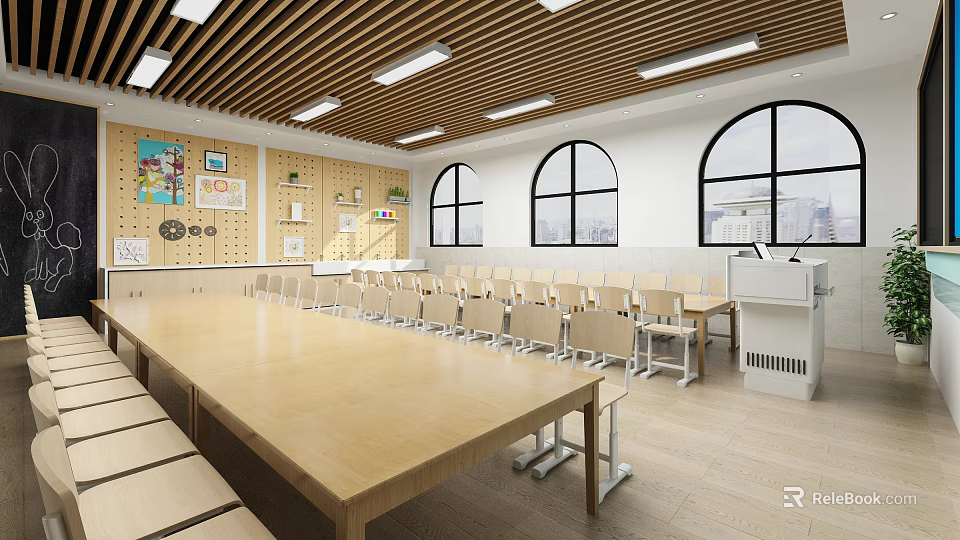 Modern Classroom With Wooden Ceiling Long Lights Round Windows Decorative Pictures And Wooden Desks Chairs 3d model 
