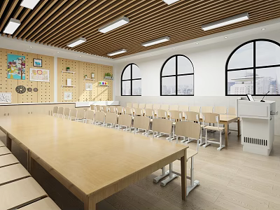 Modern Classroom With Wooden Ceiling Long Lights Round Windows Decorative Pictures And Wooden Desks Chairs 3d model