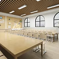 Modern Classroom With Wooden Ceiling Long Lights Round Windows Decorative Pictures And Wooden Desks Chairs