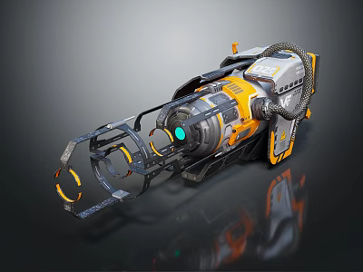 Sci Fi Mechanical Weapon With Yellow Gray Color And Glowing Green Light Pipes Cables 3d model