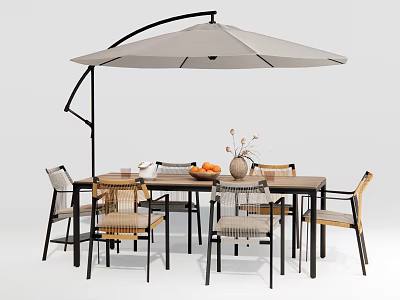Outdoor Table with Chairs and Cantilever Umbrella Decorated with Vase and Oranges for Patio Use 3d model