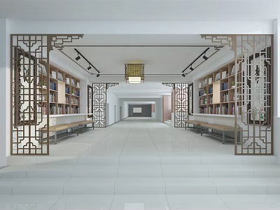 Artistic Library Interior Design With Traditional Chinese Lattice Partitions Bookshelves And Benches 3d model