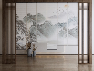 New Chinese-style roller shutter landscape ink painting gauze curtain partition 3d model