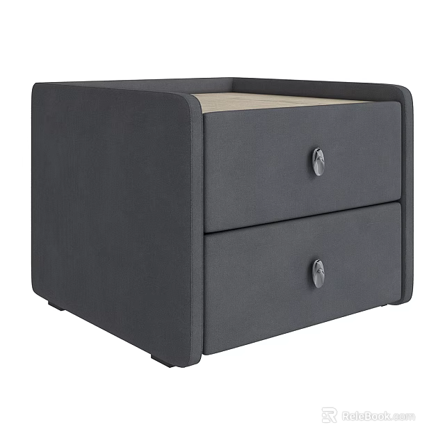 Dark Grey Fabric Bedside Table With Two Drawers And Round Metal Knobs 3d model