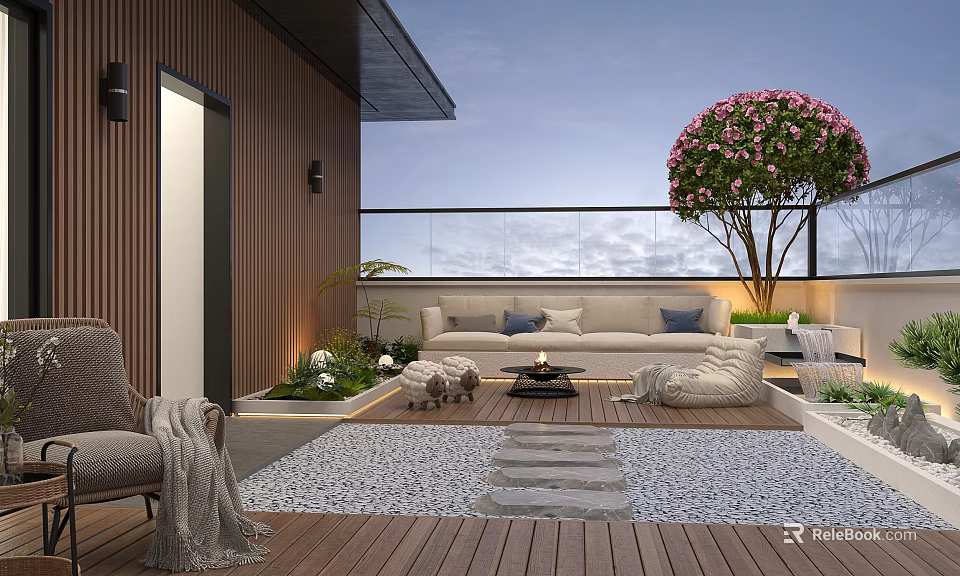 Rooftop Garden With Wooden Deck Sofa Coffee Table And Pink Flower Tree 3d model 