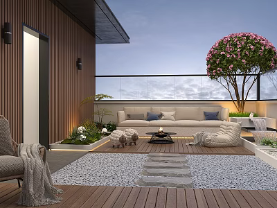 Rooftop Garden With Wooden Deck Sofa Coffee Table And Pink Flower Tree 3d model
