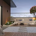Rooftop Garden With Wooden Deck Sofa Coffee Table And Pink Flower Tree