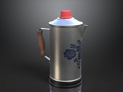 Silver Metal Thermos Flask With Red Lid Brown Wooden Handle And Blue Floral Pattern 3d model
