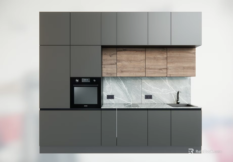Modern Kitchen Design With Gray Cabinets Wooden Upper Units Marble Countertop Oven And Sink 3d model 