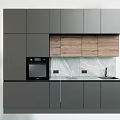 Modern Kitchen Design With Gray Cabinets Wooden Upper Units Marble Countertop Oven And Sink