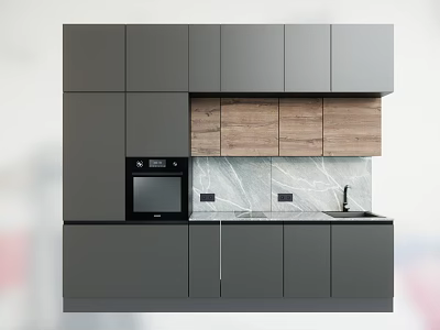 Modern Kitchen Design With Gray Cabinets Wooden Upper Units Marble Countertop Oven And Sink 3d model