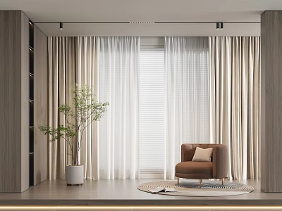 Elegant Curtains in Modern Living Room with Brown Chair White Pot Plant Wooden Walls Window 3d model