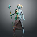 Fantasy Game Character With Golden Hair Holding Blue Glowing Staff And Green Gray Outfit