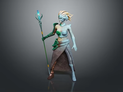 Fantasy Game Character With Golden Hair Holding Blue Glowing Staff And Green Gray Outfit 3d model