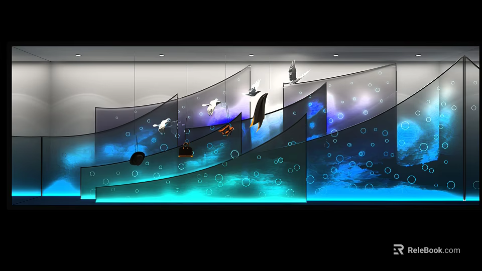 Modern Artistic Window Display With Curved Glass Panels Blue Lighting And Decorative Bird Models 3d model 