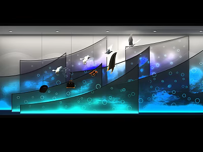 Modern Artistic Window Display With Curved Glass Panels Blue Lighting And Decorative Bird Models 3d model