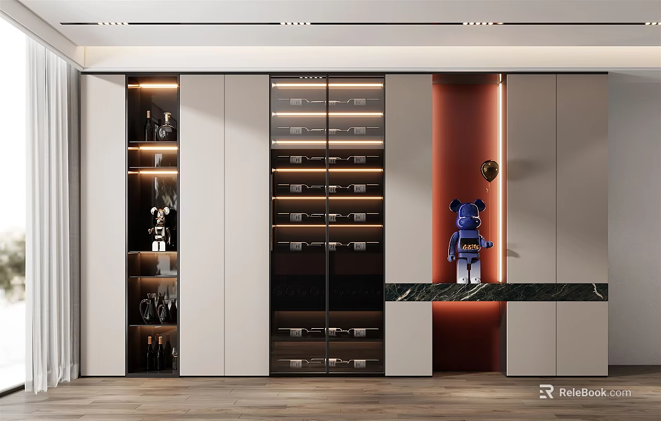 Modern Wine Cabinet With Glass Doors Built in Lighting And Wine Bottle Storage 3d model 