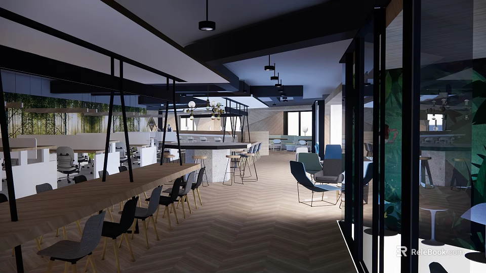 Modern Restaurant Interior Design With Open Layout Dining Tables Chairs Pendant Lights And Wooden Floors 3d model 