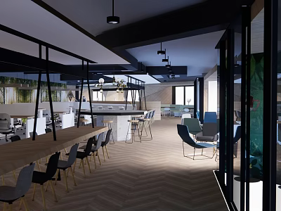 Modern Restaurant Interior Design With Open Layout Dining Tables Chairs Pendant Lights And Wooden Floors 3d model