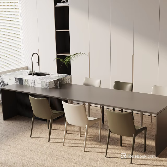 Modern Dining Table Set With Gray Table Beige Chairs Island Counter And White Cabinets 3d model 
