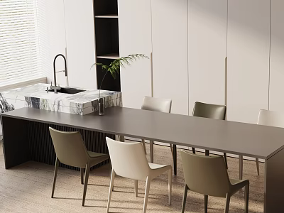 Modern Dining Table Set With Gray Table Beige Chairs Island Counter And White Cabinets 3d model