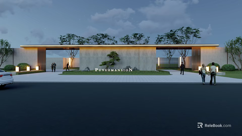 Petermansion Modern Entrance Gate With Stone Wall Green Plant Trees And Outdoor Lighting 3d model 