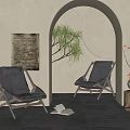 Elegant Leather Leisure Chairs With Wooden Frame Arched Interior Decorative Painting And Potted Plant