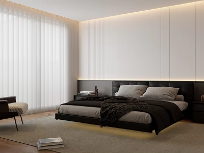 Modern Minimalist Bedroom Interior With White Curtains Black Headboard And Light Carpet 3d model