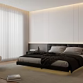 Modern Minimalist Bedroom Interior With White Curtains Black Headboard And Light Carpet