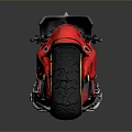 Red Futuristic Motorcycle With Transparent Windshield Black Seat Gold Wheels And Reflective Surface