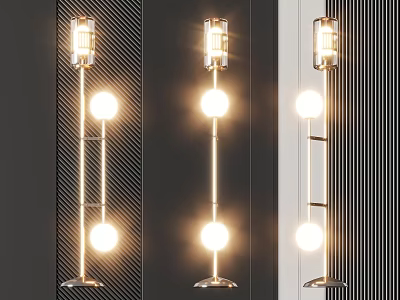 Modern Chandelier With Metal Frame And Lighted Spheres Against Dark Striped Wall 3d model