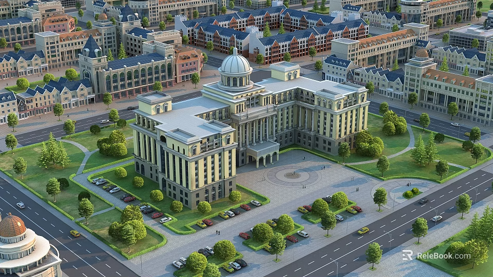 European Style Architectural Building With Domed Roof Surrounding Buildings Green Trees Lawns And Parking Areas 3d model 