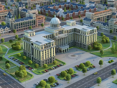 European Style Architectural Building With Domed Roof Surrounding Buildings Green Trees Lawns And Parking Areas 3d model