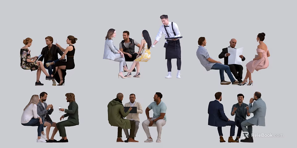 Group of People Interacting in Various Settings Including Conversations Service and Discussions 3d model 