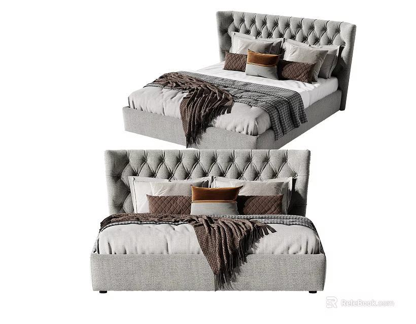 Modern Gray Double Bed with Tufted Headboard and Cozy Pillows with Blanket 3d model