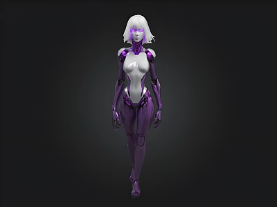 3D Model Of Female Robot With White Hair And Purple White Sci Fi Design 3d model