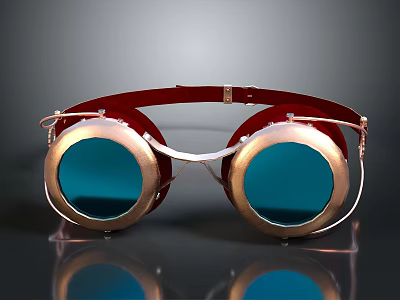 Vintage Brass Frame Goggles With Red Headband And Blue Lenses On Black Surface 3d model