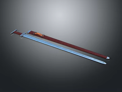 Sharp Long Sword With Silver Metal Blade And Brown Leather Scabbard 3d model