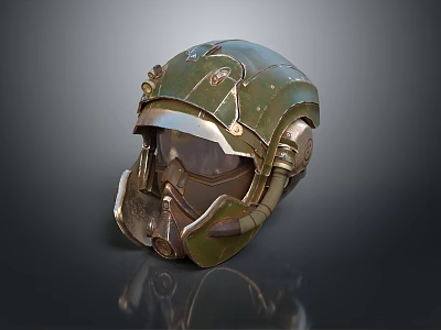 Green Military Style Helmet With Metallic Face Shield And Vintage Design 3d model