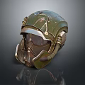 Green Military Style Helmet With Metallic Face Shield And Vintage Design