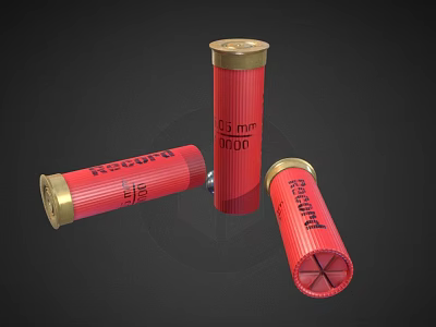 Three Red Federal Shotgun Shells with One Standing and Two Lying 3d model