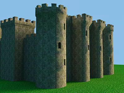 Ancient Medieval Castle Architecture With Stone Walls Tall Towers Green Grass And Blue Sky 3d model
