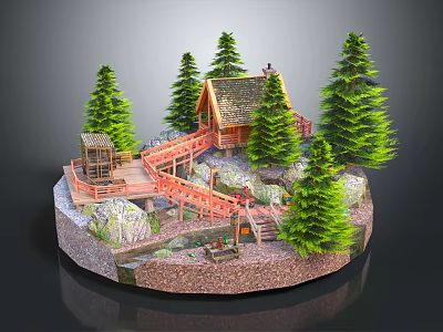 Cartoon Scene With Cozy Cabin Tall Pine Trees Wooden Bridge Small Stream And Circular Base 3d model