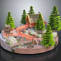 Cartoon Scene With Cozy Cabin Tall Pine Trees Wooden Bridge Small Stream And Circular Base