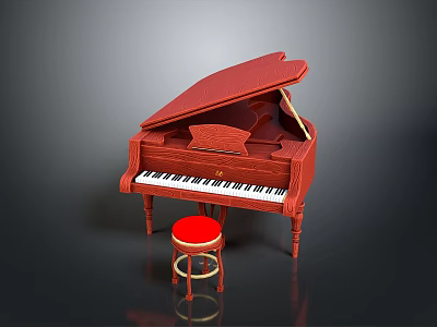 Elegant Red Piano And Matching Red Stool For Home Living Decor Supplies 3d model