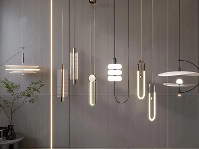 Modern Pendant Lights With Various Shapes And Metal Frames In Minimalist Interior 3d model