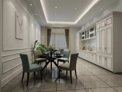 Modern Restaurant Interior With White Walls Ceiling Lights Dining Table Green Plants And White Cabinets 3d model