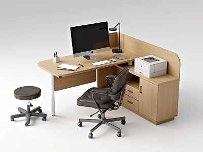 Wooden Office Desk And Chair Set With Computer Lamp Printer And Stool 3d model