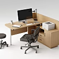 Wooden Office Desk And Chair Set With Computer Lamp Printer And Stool 3d model
