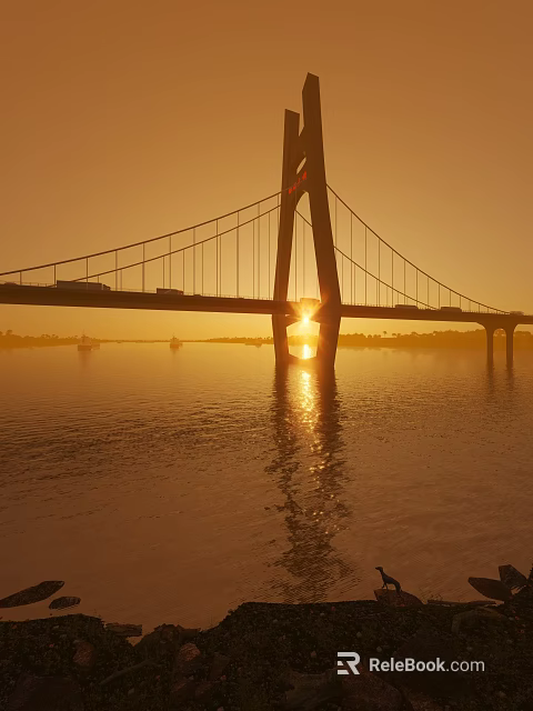Cable Stayed Bridge At Sunset With Vehicles And Golden Water Reflection 3d model 